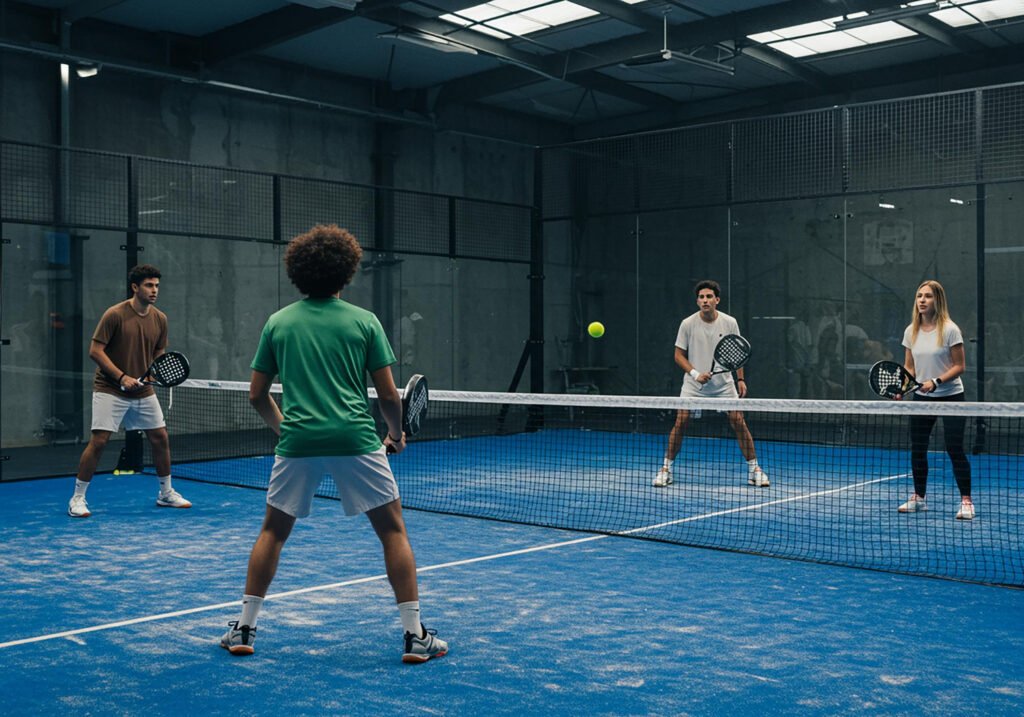 Quatre joueurs de padel positionnés en double sur le terrain.
