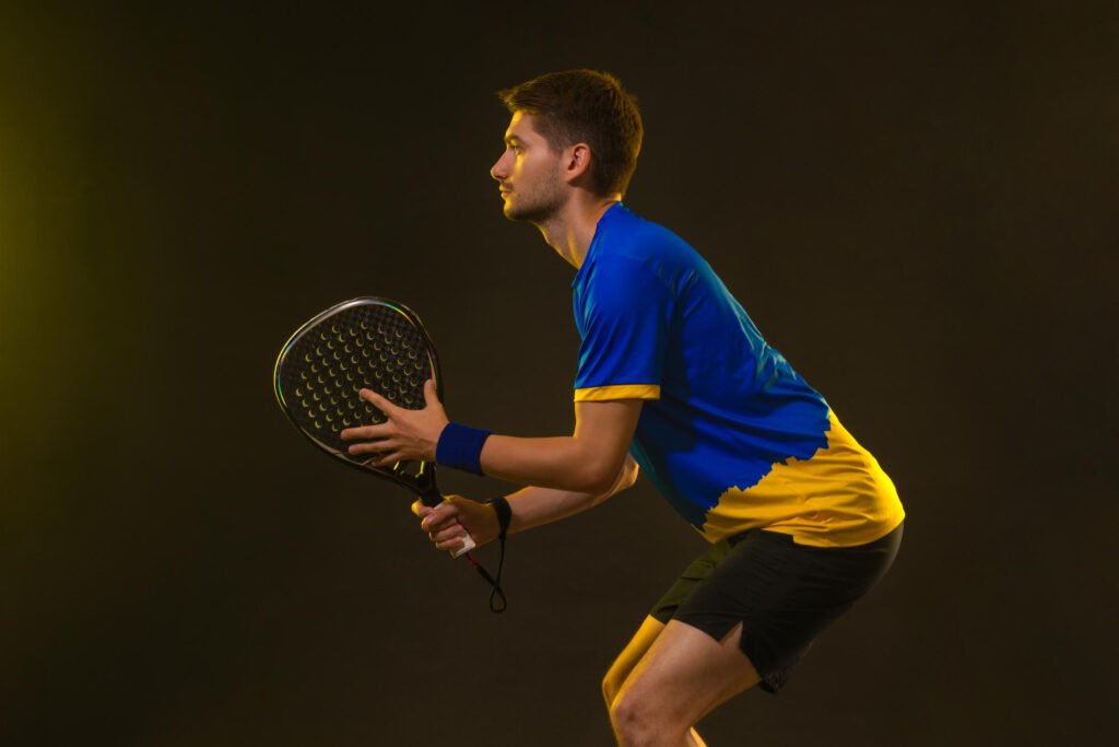 Joueur de padel débutant en position de défense