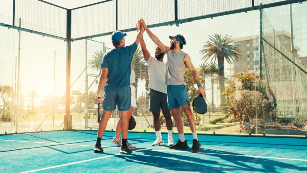 Quatre joueurs de padel pendant un échange avec une vitre en fond de court.