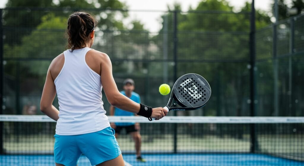 Joueuse de padel frappant une balle sur une piste bleue