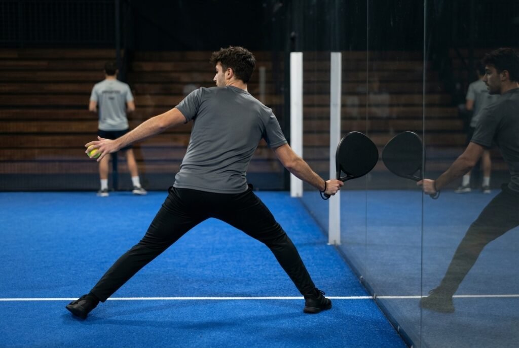Joueur de padel en défense jouant une balle avant la vitre du fond