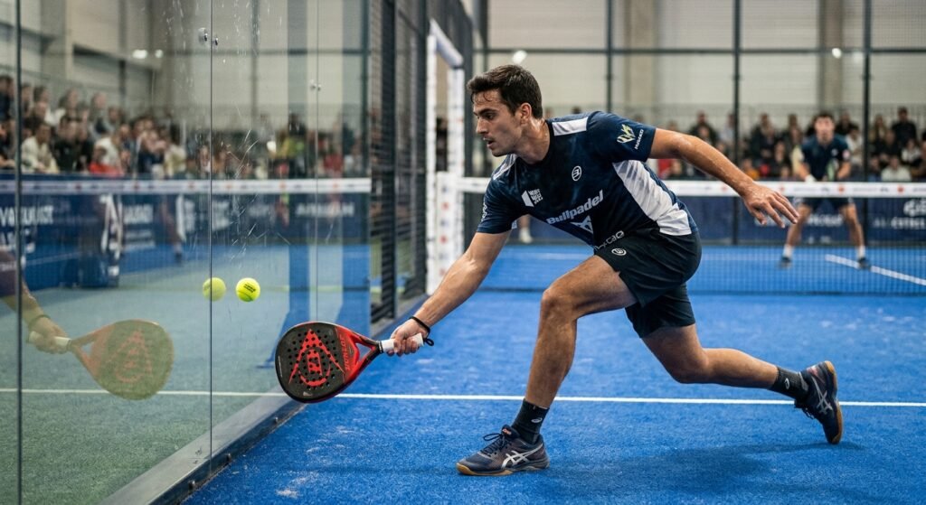 Joueur de padel en défense au fond de la piste