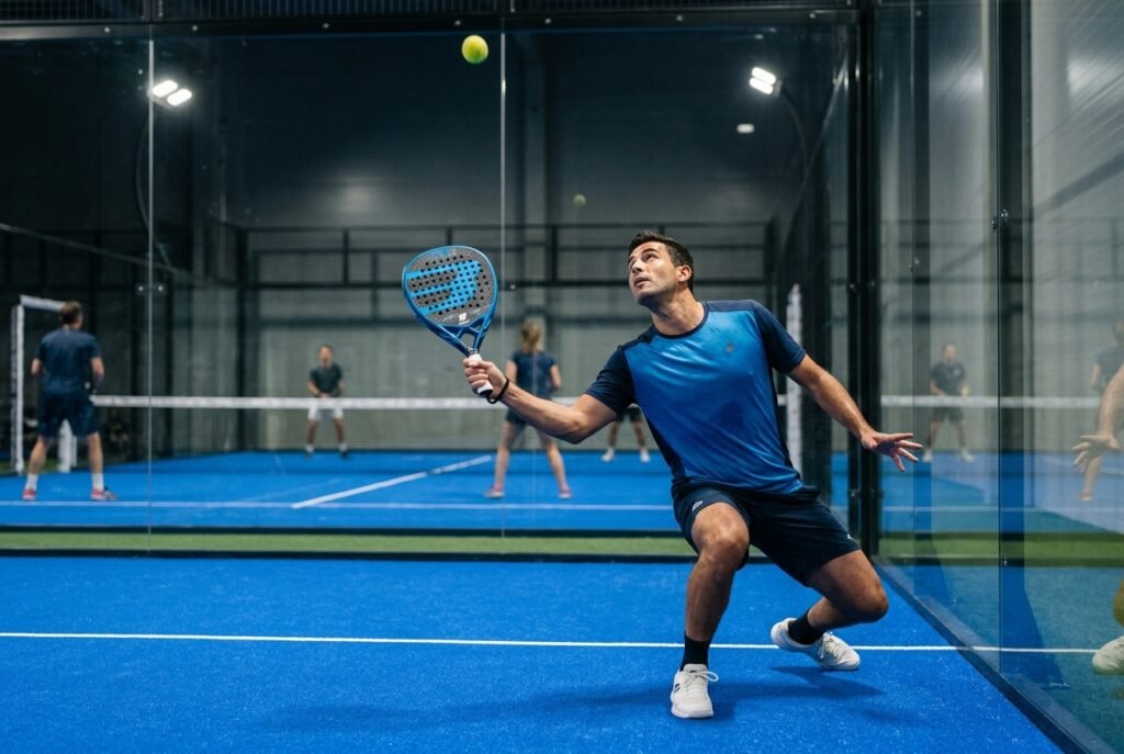Joueur de padel perdu après le rebond de la balle sur la vitre