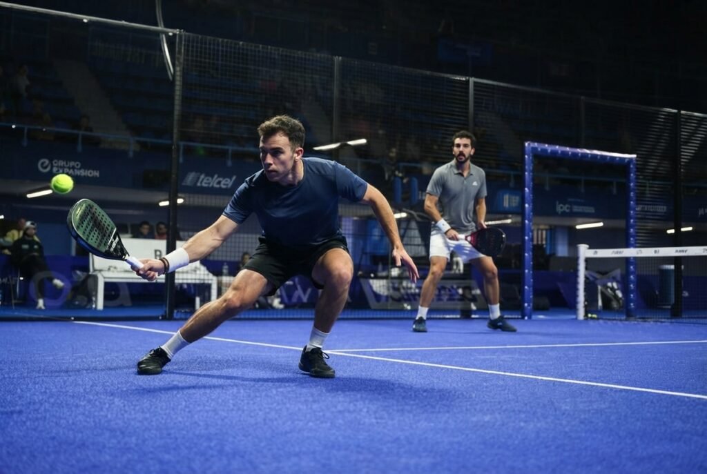 Joueur intermédiaire de padel en défense après une sortie de vitre