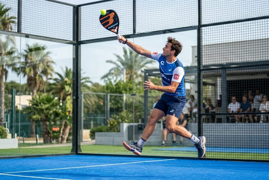 Joueur de padel se déplaçant pour défendre un smash après rebond sur la vitre du fond